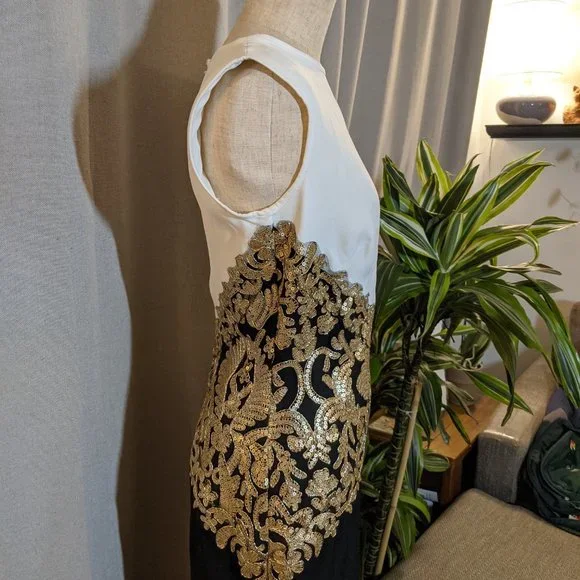 Tadashi Shoji Black and White Dress with Gold Accents - Picture 10 of 16